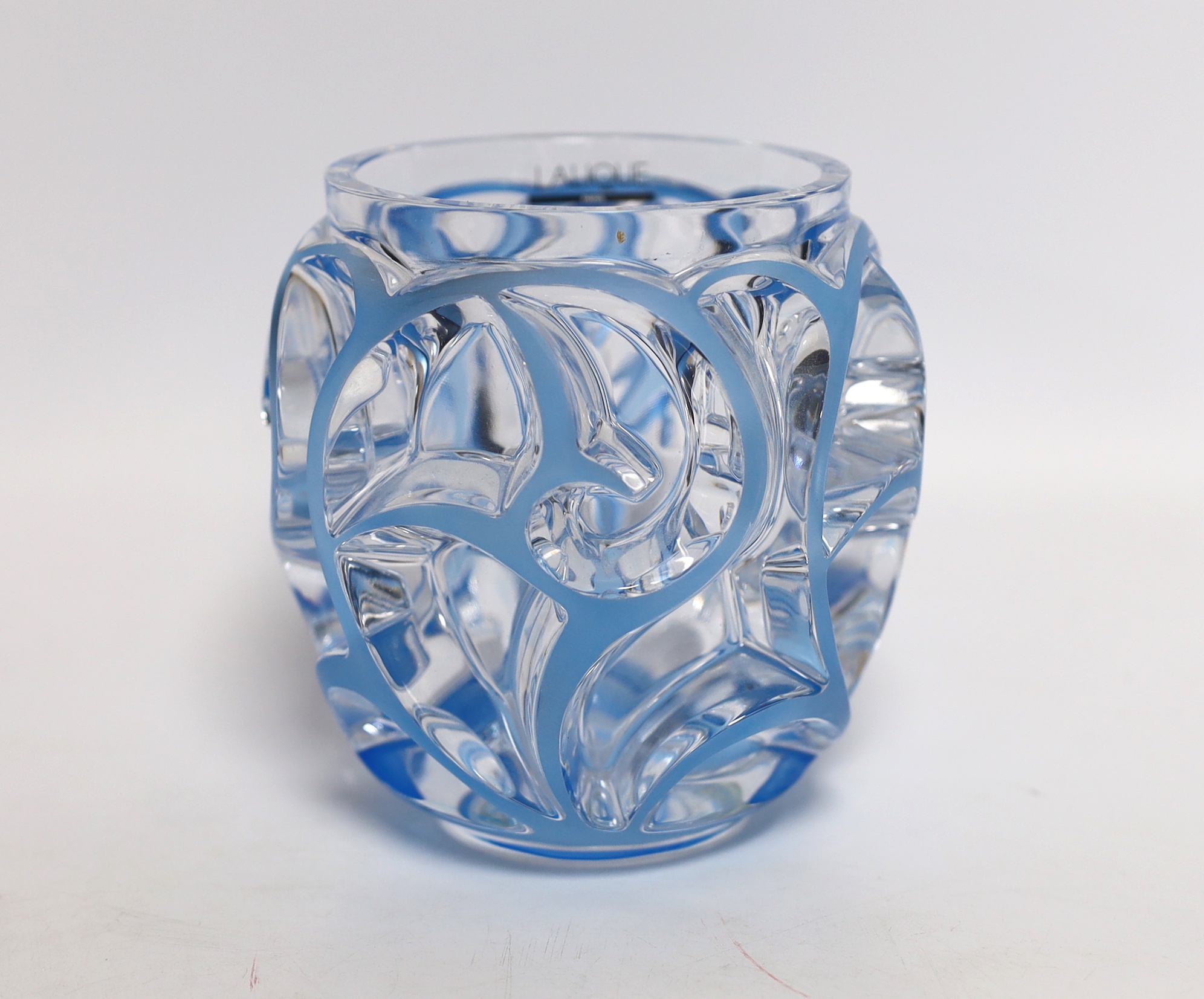 A modern Lalique Tourbillons blue overlaid glass vase with box, signed to the base, 13cm high